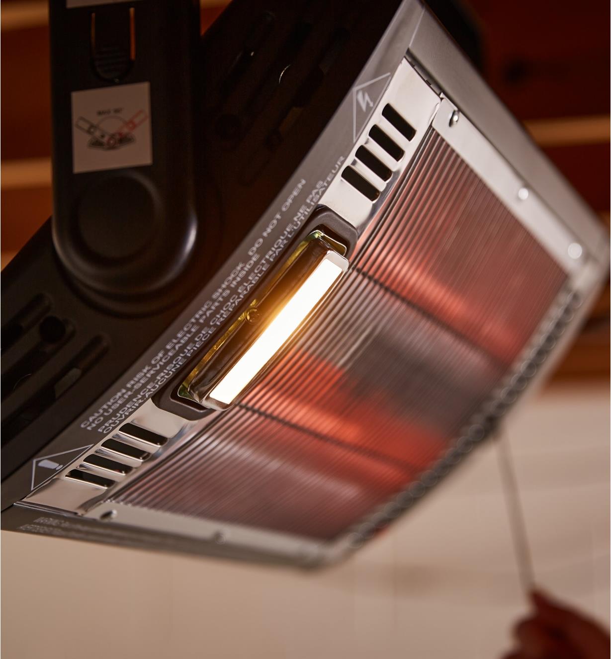 Close-up of the built-in 25W halogen lamp on the Quartz Overhead Radiant Heater