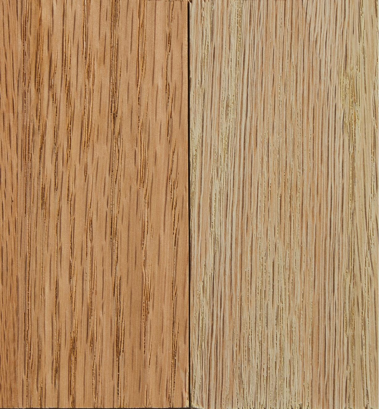 Side-by-side view of before and after using wood bleach on a wooden board