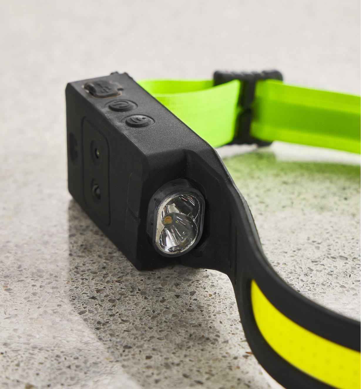 A close-up view of the COB headlamp’s water-resistant housing