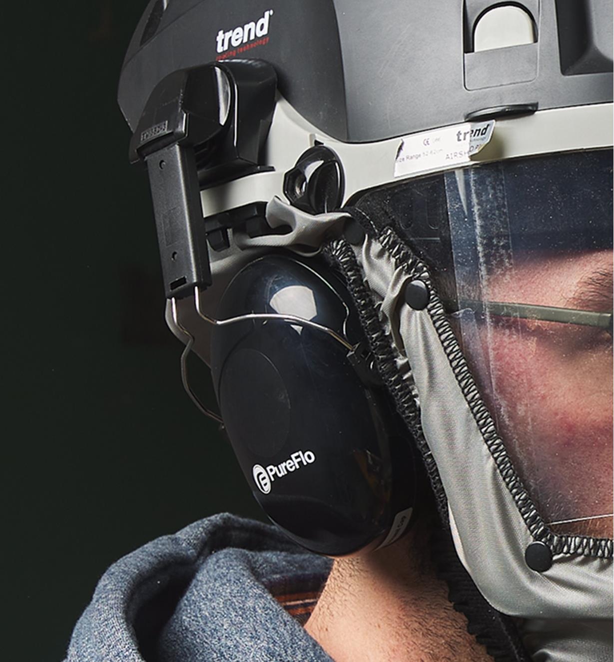 Close view of Ear Defender worn on a Trend Airshield Pro full-face shield