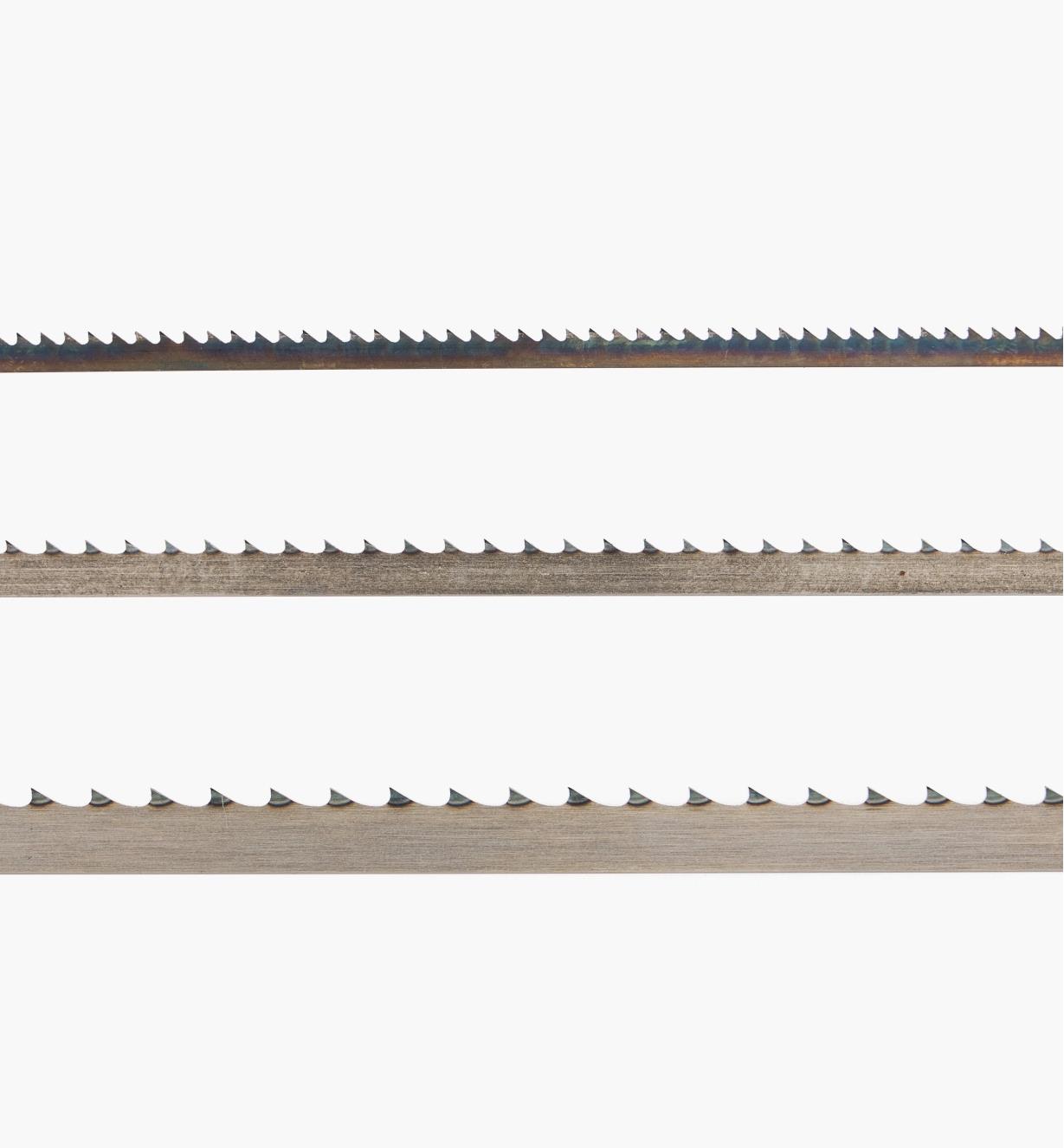 A close-up view of the three bandsaw blades in the set, showing the different tooth patterns