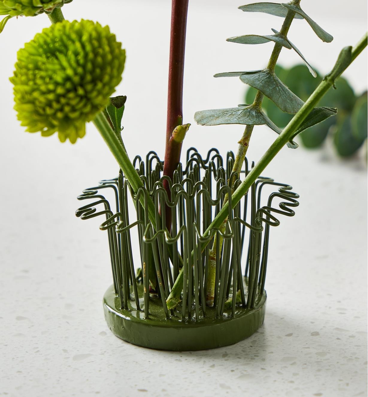 Flower stems inserted into the Blue Ribbon flower holder at different angles