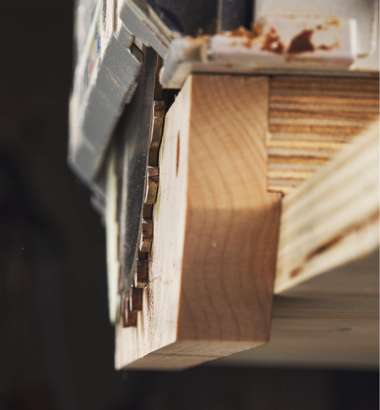 A close-up view showing an adjusted track saw blade set flush to the trimmed jig fence