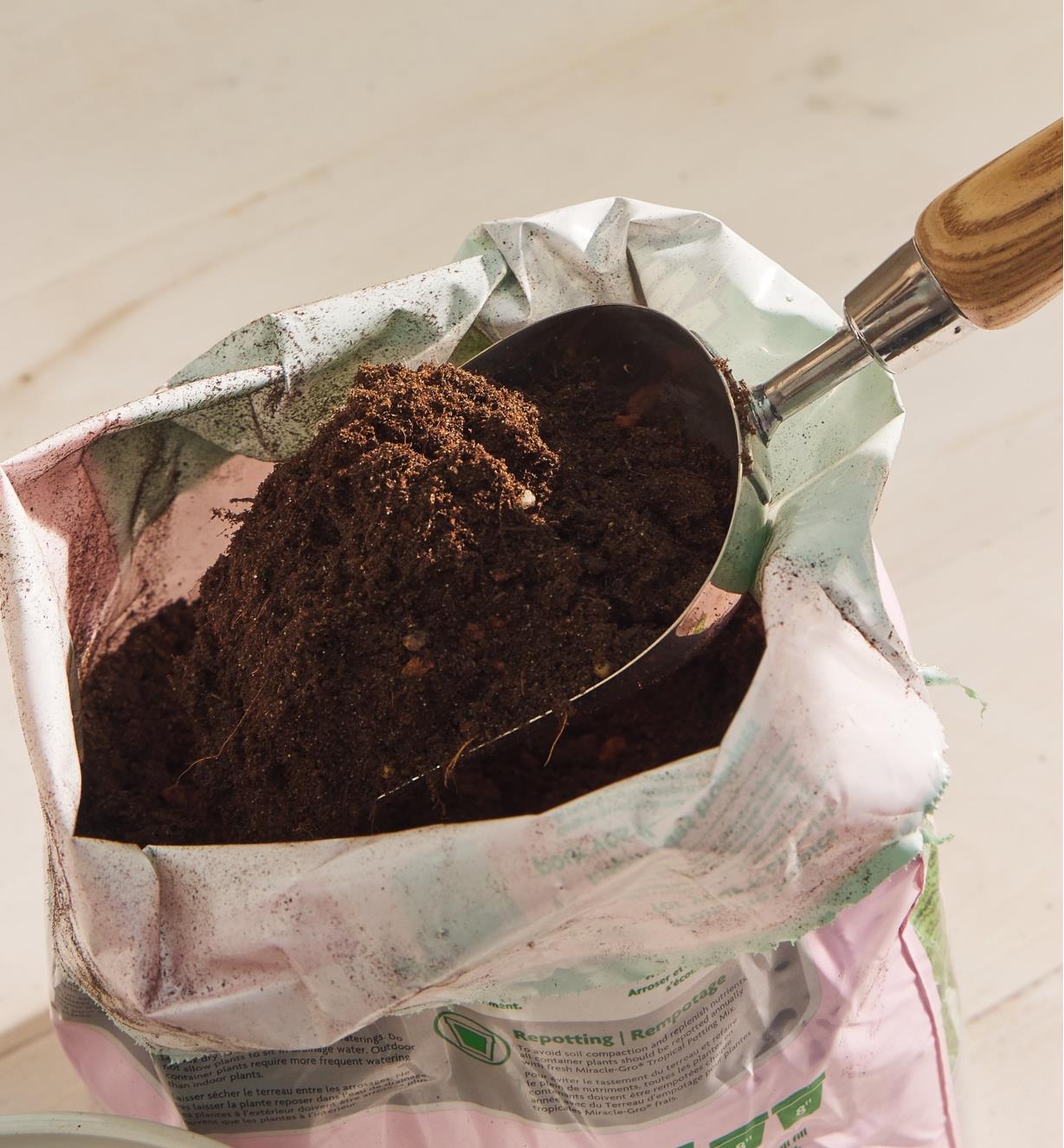 Using a stainless-steel scoop to dig soil out of a bag