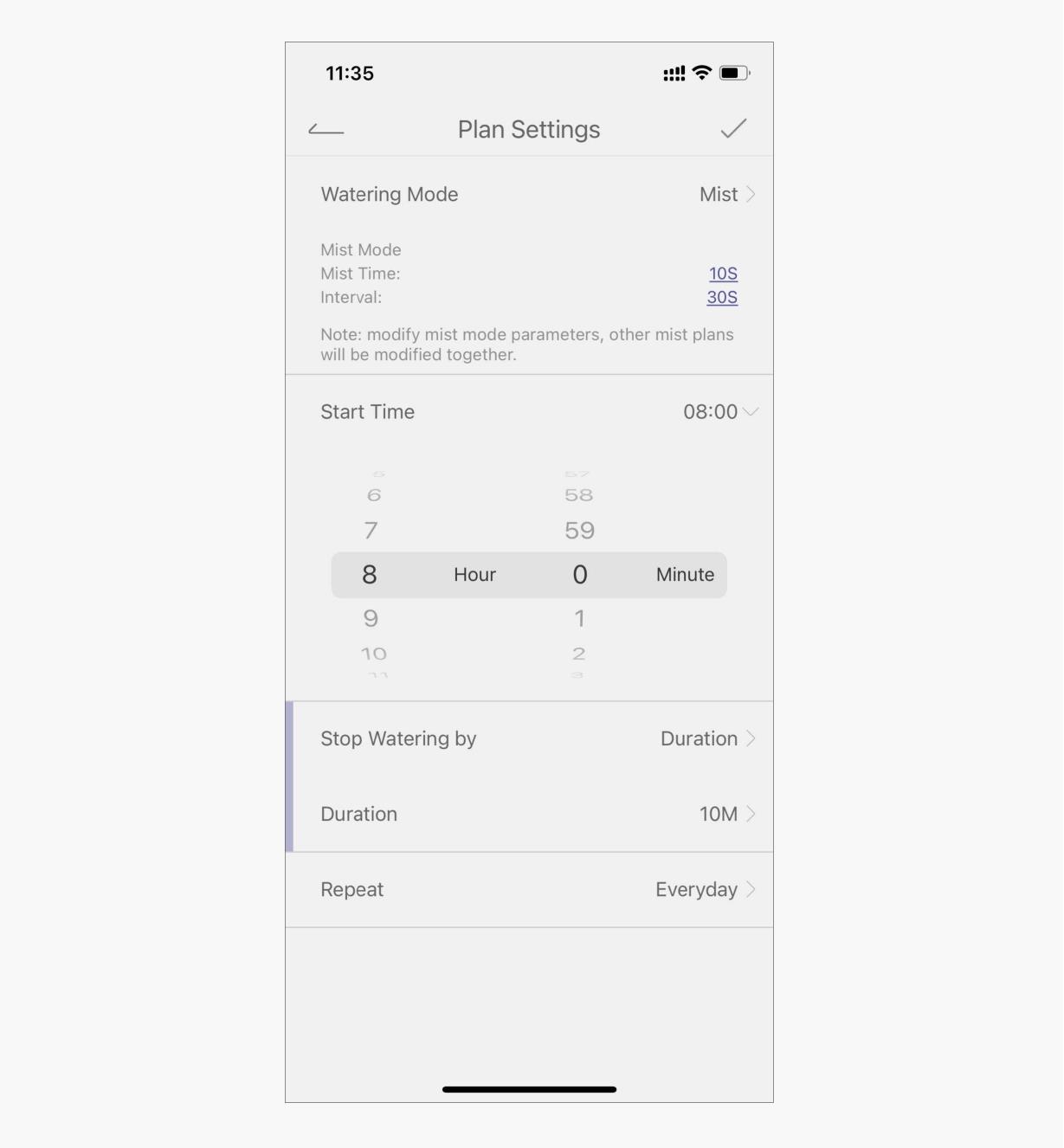 Capture d'écran des réglages de l'application connectée à une minuterie d'arrosage Wi-Fi