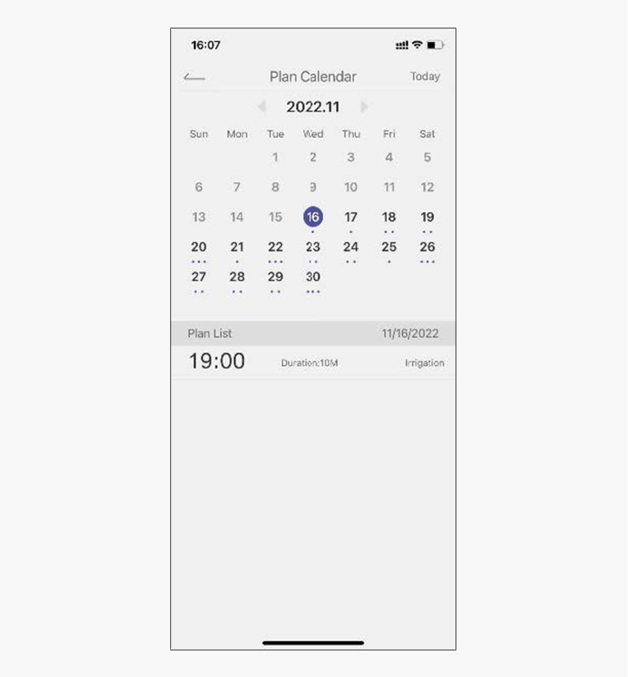 Capture d'écran du calendrier de l'application connectée à une minuterie d'arrosage Wi-Fi