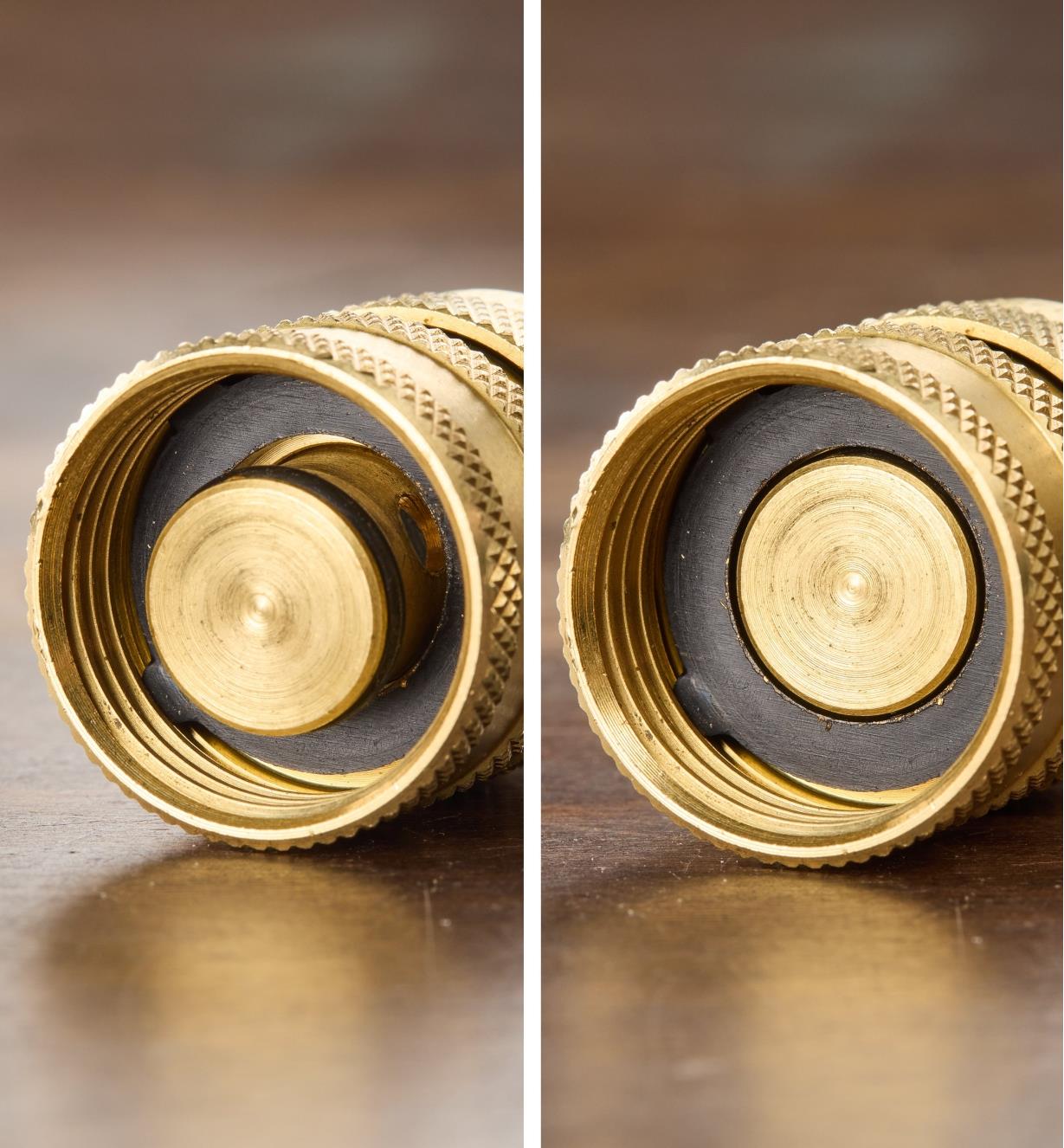 Two images of the female water-stop coupler showing the internal valve that stops water flow both open and closed