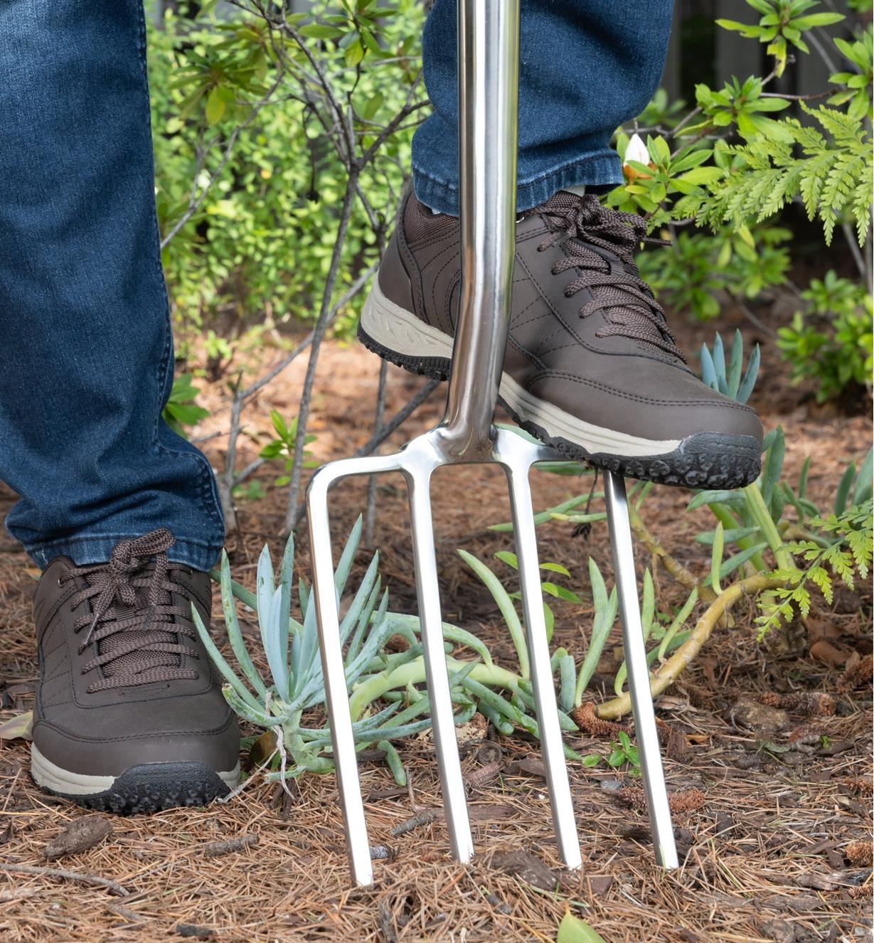 A gardener uses the foot tread to push the digging fork into the ground