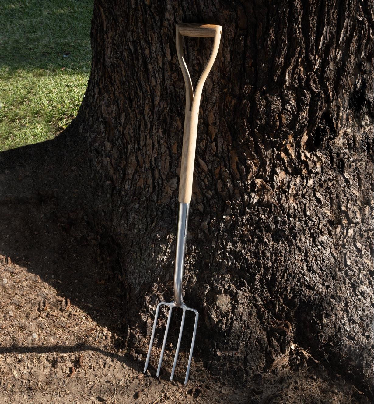 The border fork leaning up against a tree