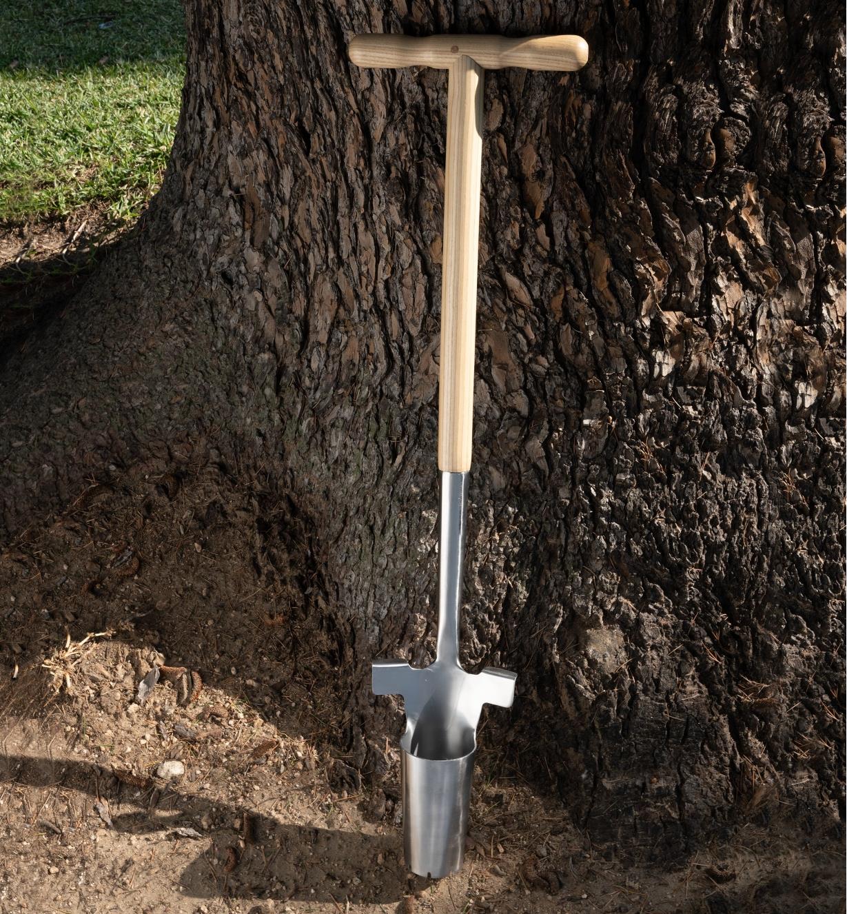 The bulb planter rests against a tree